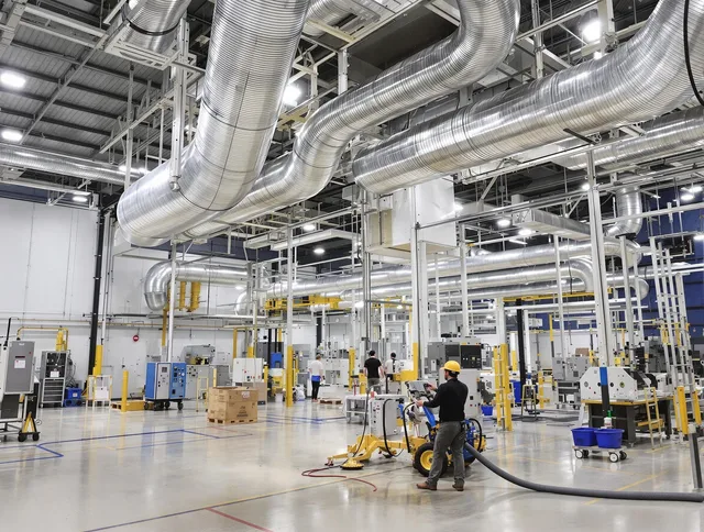 Lynnfield Air Duct Cleaning team performing comprehensive industrial duct cleaning at a large facility in Lynnfield